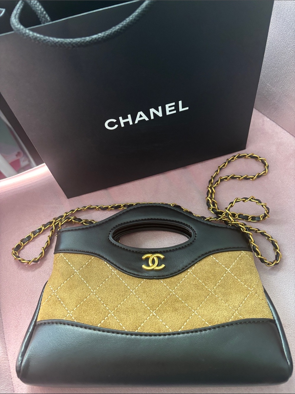 C C Quilted Bag in Tan and Black